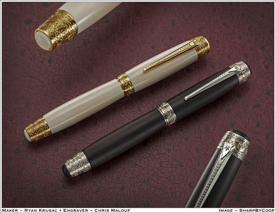 Hand Engraved Ebony/Silver & Ivory/Gold Fountain Pens 