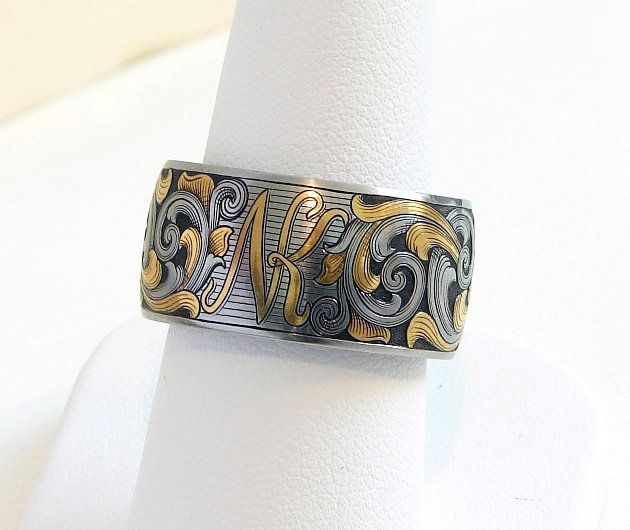Hand engraved, 12mm, gold inlay wedding band 