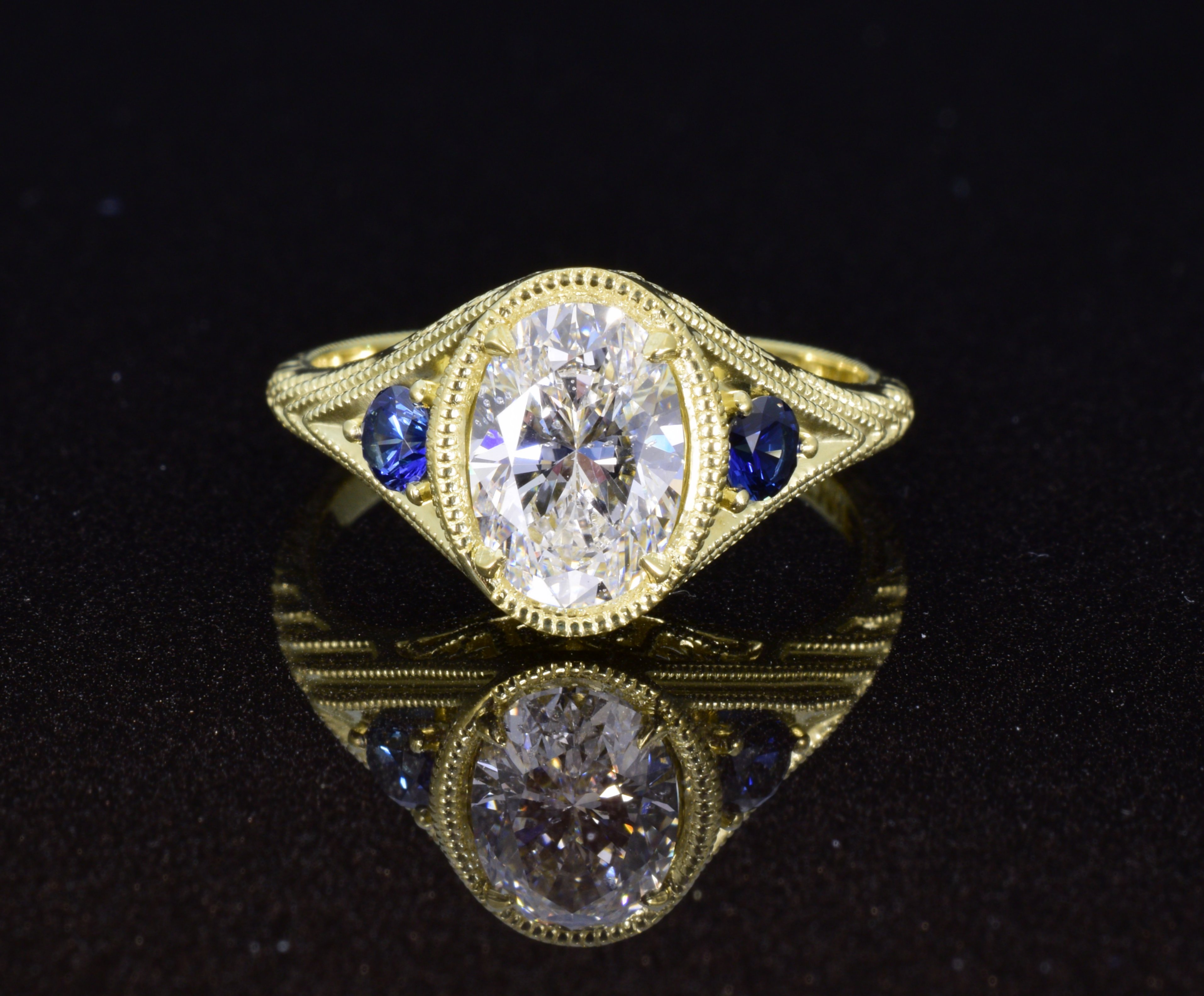 hand engraved 18k, sapphires & diamond ring