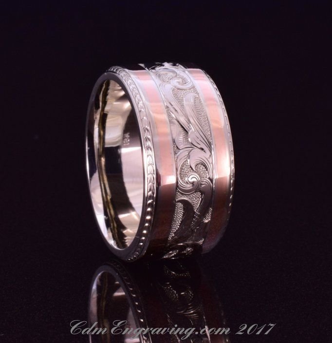 Hand engraved wedding band in 18k white and rose gold
