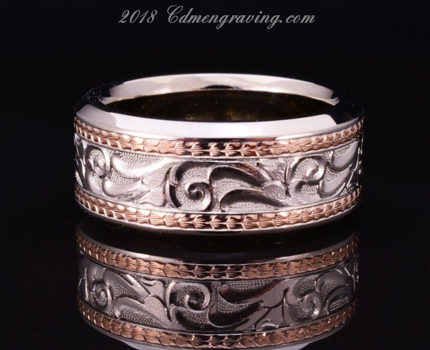 Hand Engraved 10mm, 18k Rose Gold & 14K white gold ring