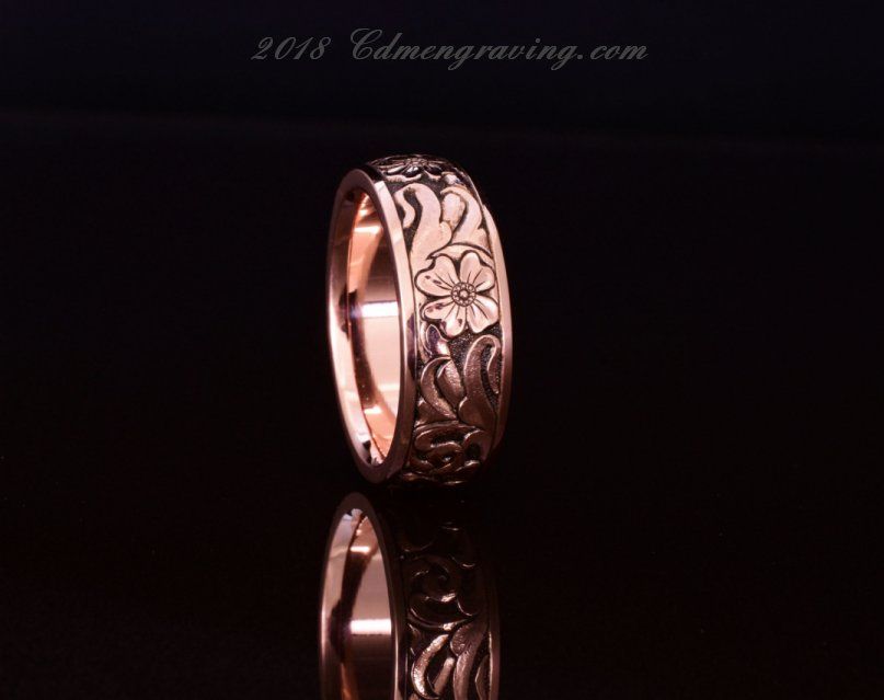 Hand engraved 8mm, 14K Red Gold with western flowers