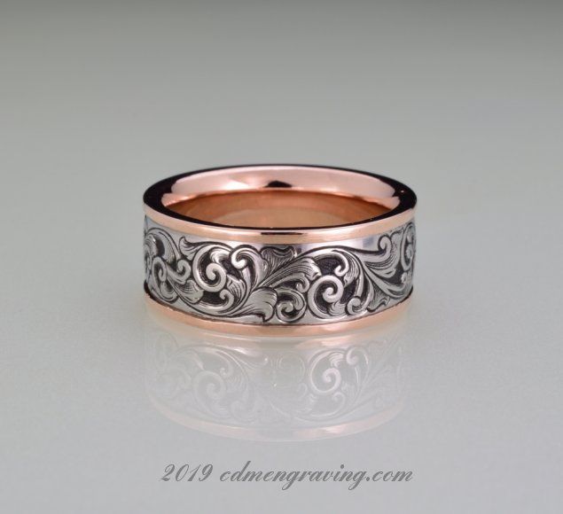 Hand Engraved 14K rose gold and stainless wedding band 