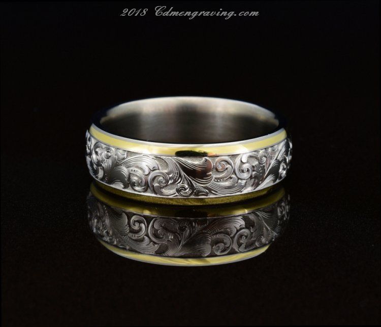 Hand Engraved, 8mm wide, titanium and 18k gold band