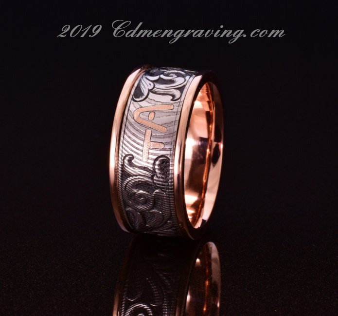 Hand engraved damascus & rose gold ring