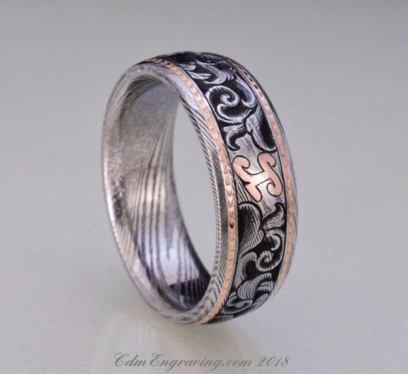 18K Rose Gold and Damascus Hand Engraved Wedding Band
