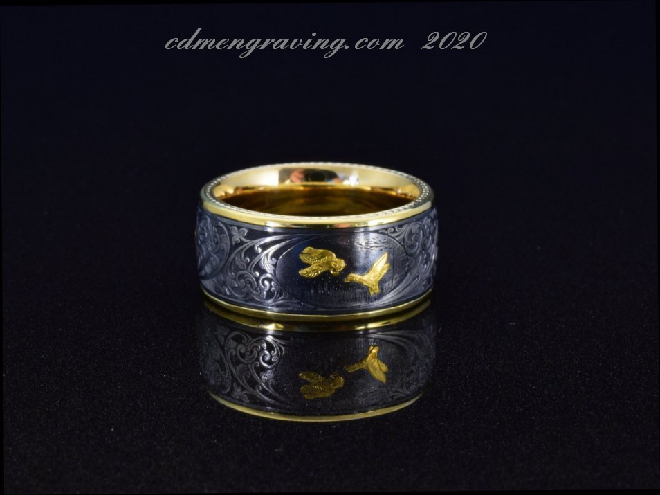 hand engraved black zirconium and 18K gold band with 24k fine gold inlays