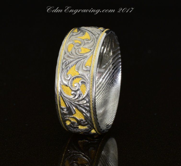 9mm, gold and damascus hand engraved wedding band