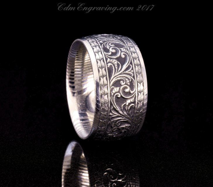 Hand engraved damascus steel wedding band