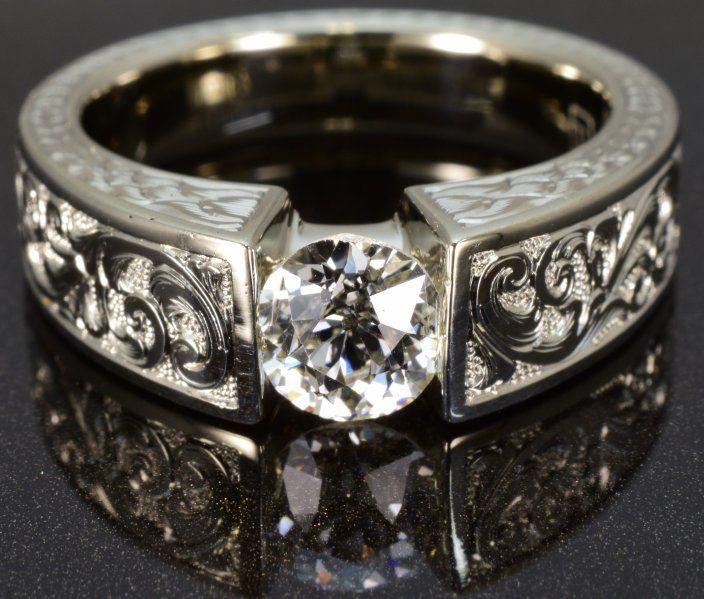 engraved 18k white gold engagement ring