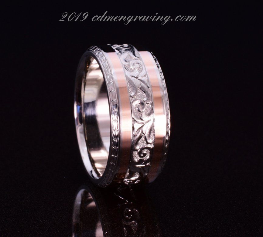 Hand engraved white and rose gold ring