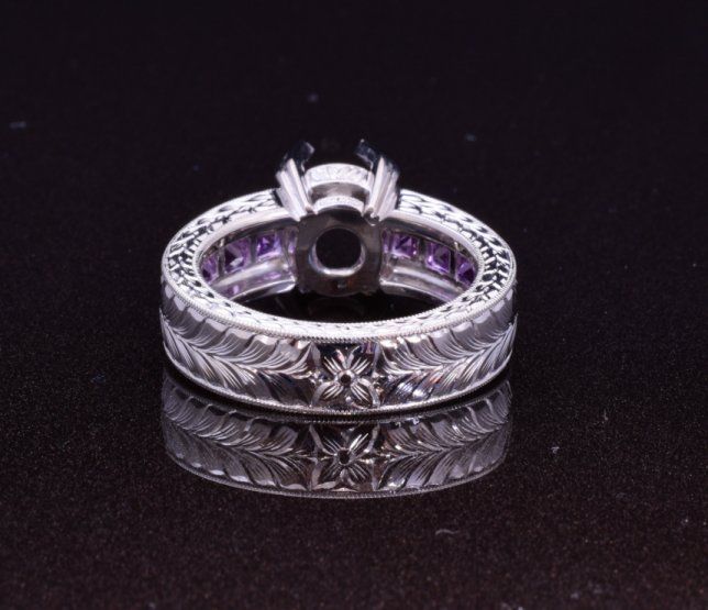 Purple spinel, sapphires and hand engraved platinum ring