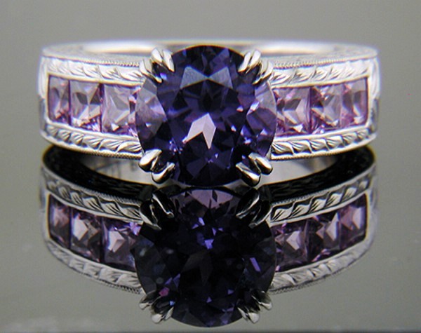 Purple spinel, sapphies in hand engraved platinum ring