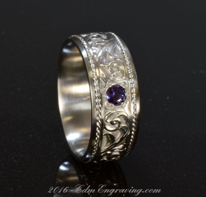Hand engraved wedding band in titanium and platinum rope with alexandrite